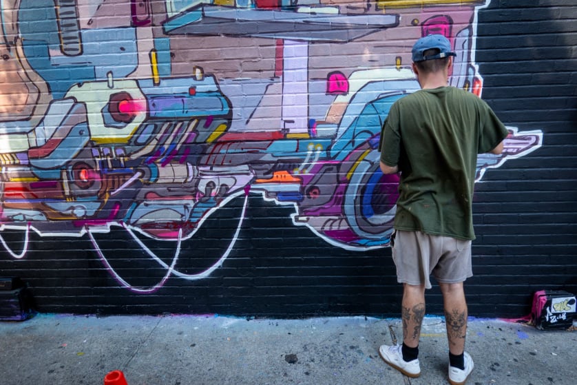 WORK IN PROGRESS STREET ART MURAL BY PSOMAN FOR HALOS SOLO URBAN ART SHOW NEW YORK CLLCTV.NYC GALLERY