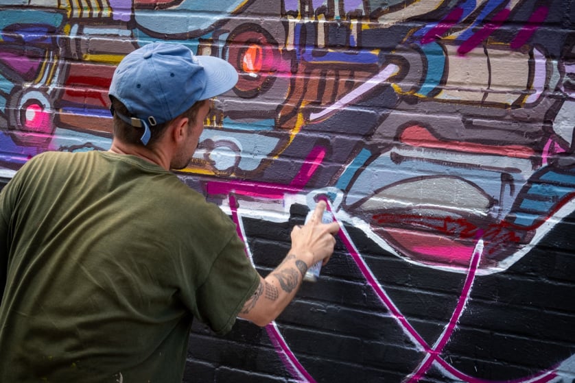 WORK IN PROGRESS STREET ART MURAL BY PSOMAN FOR HALOS SOLO URBAN ART SHOW NEW YORK CLLCTV.NYC GALLERY