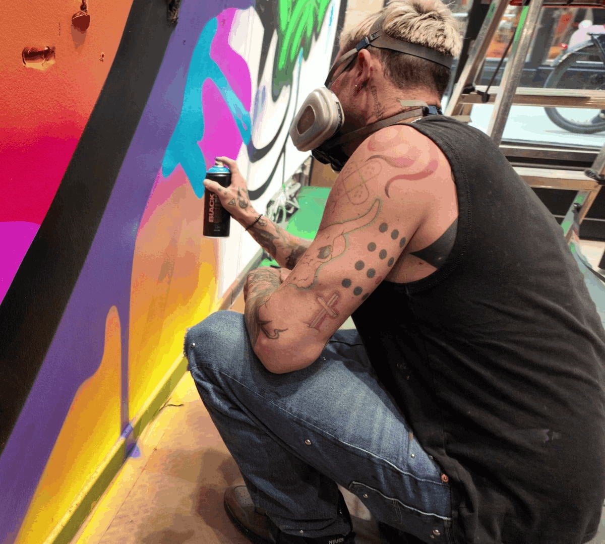 WORK IN PROGRESS STREET ART MURAL BY JASON NAYLOR AND ADAM FUJITA FOR LOS COLORES GROUP URBAN ART SHOW LIEGE BELGIUM AT THE BURONZU GALLERY