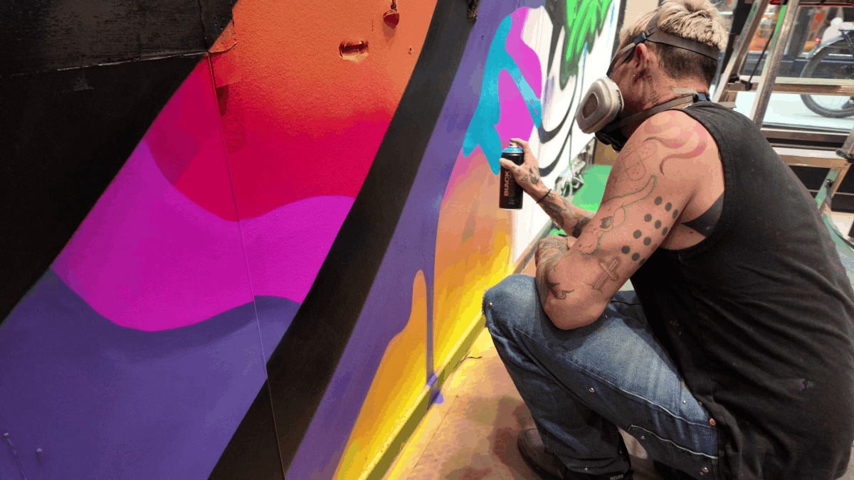 WORK IN PROGRESS STREET ART MURAL BY JASON NAYLOR AND ADAM FUJITA FOR LOS COLORES GROUP URBAN ART SHOW LIEGE BELGIUM AT THE BURONZU GALLERY