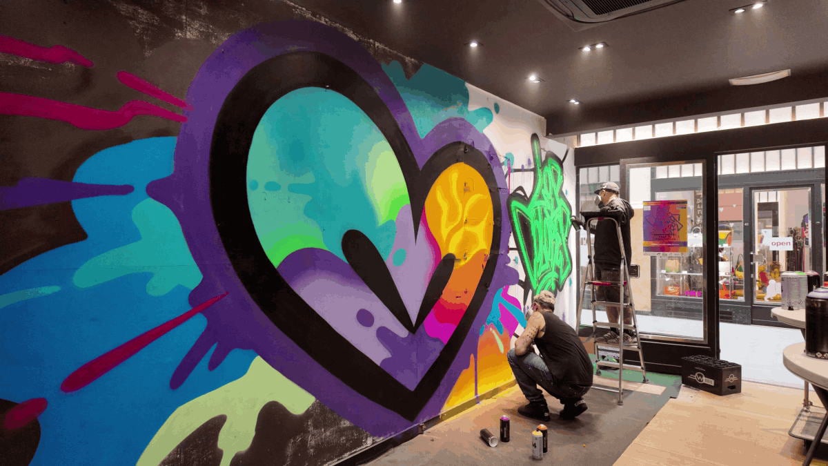 WORK IN PROGRESS STREET ART MURAL BY JASON NAYLOR AND ADAM FUJITA FOR LOS COLORES GROUP URBAN ART SHOW LIEGE BELGIUM AT THE BURONZU GALLERY